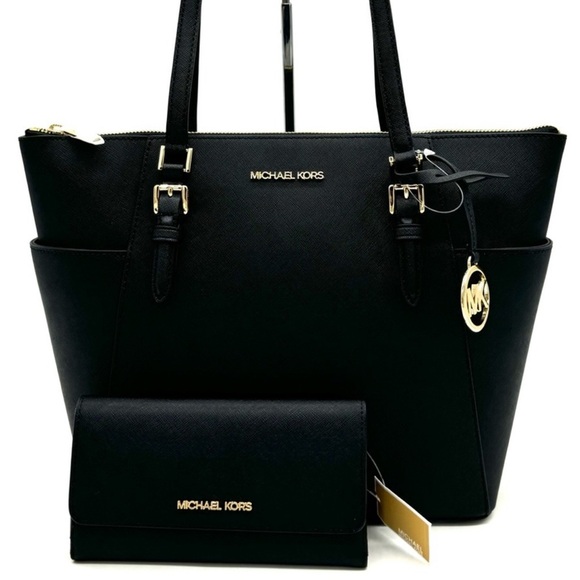 Michael Kors Large Charlotte TZ Tote Bag & Large Trifold Wallet Black/Gold - Picture 1 of 15